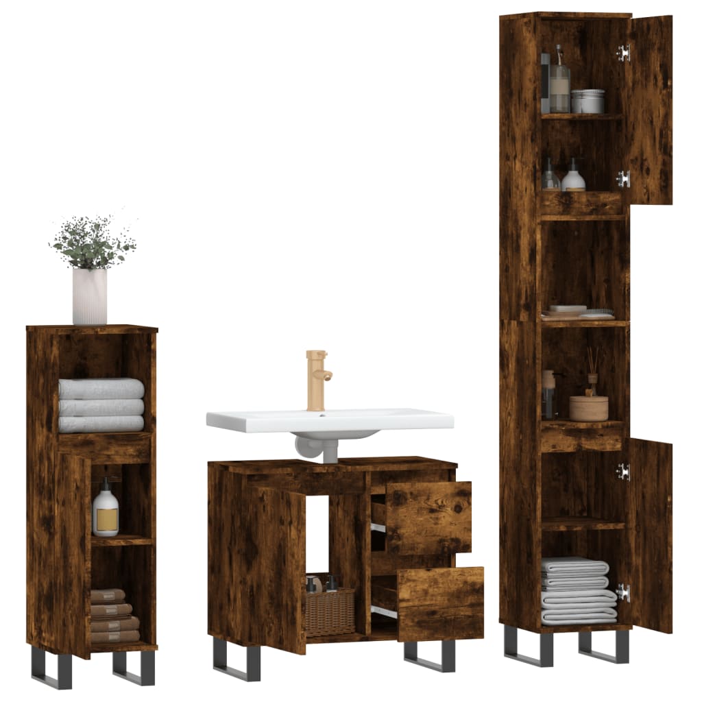 3-delige Badkamermeubelset bewerkt hout gerookt eikenkleurig is nu te koop bij PeponiXL, paradijselijk wonen!