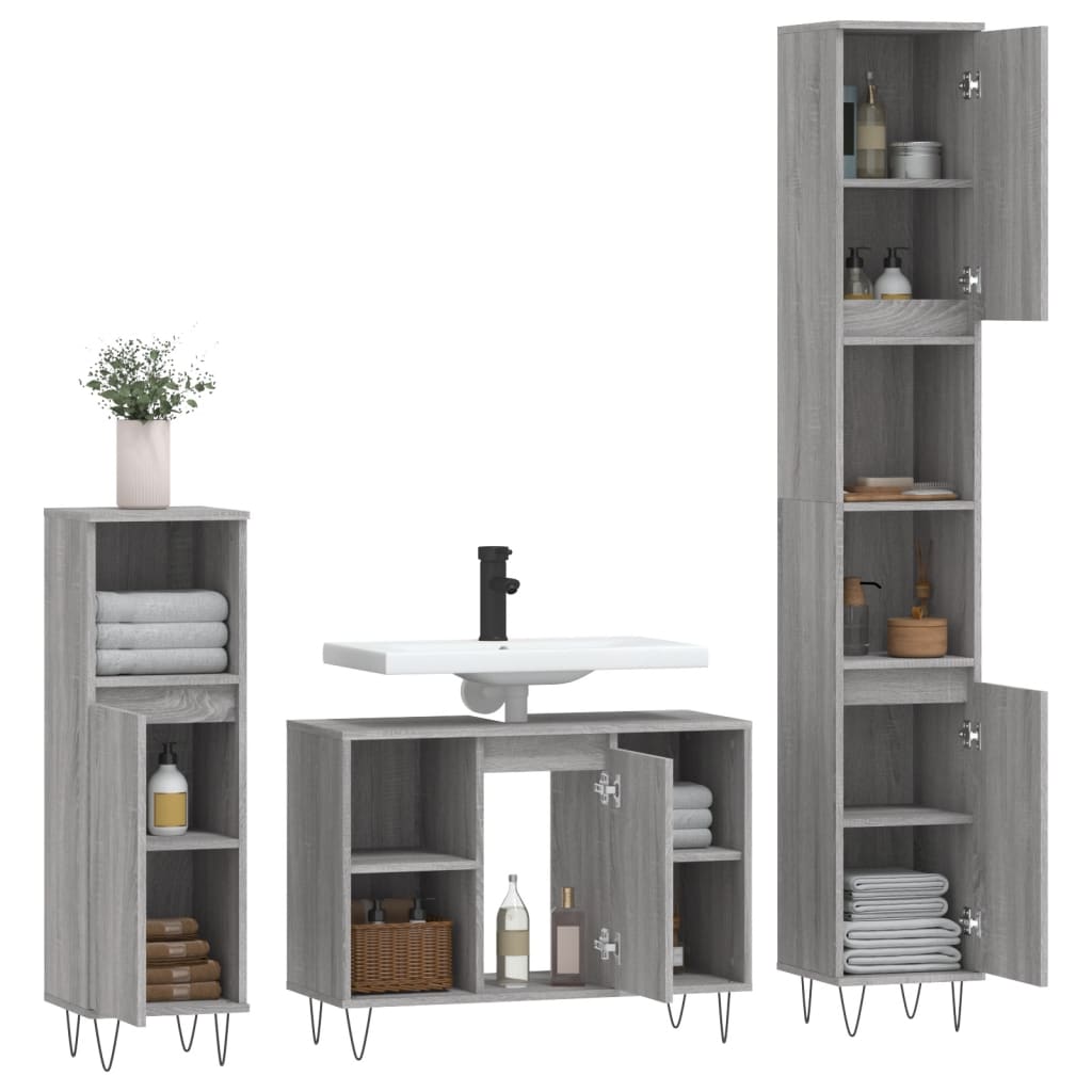 3-delige Badkamermeubelset bewerkt hout grijs sonoma eikenkleur is nu te koop bij PeponiXL, paradijselijk wonen!