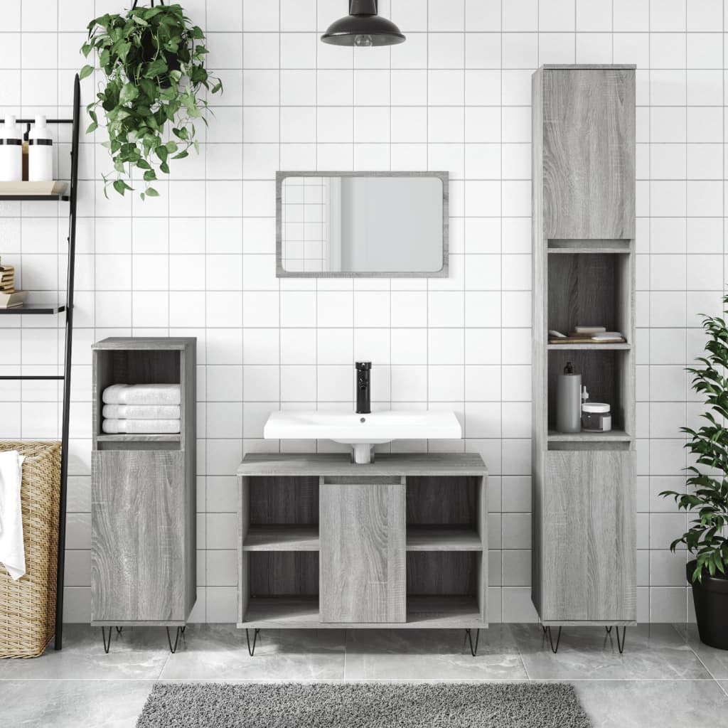 3-delige Badkamermeubelset bewerkt hout grijs sonoma eikenkleur is nu te koop bij PeponiXL, paradijselijk wonen!