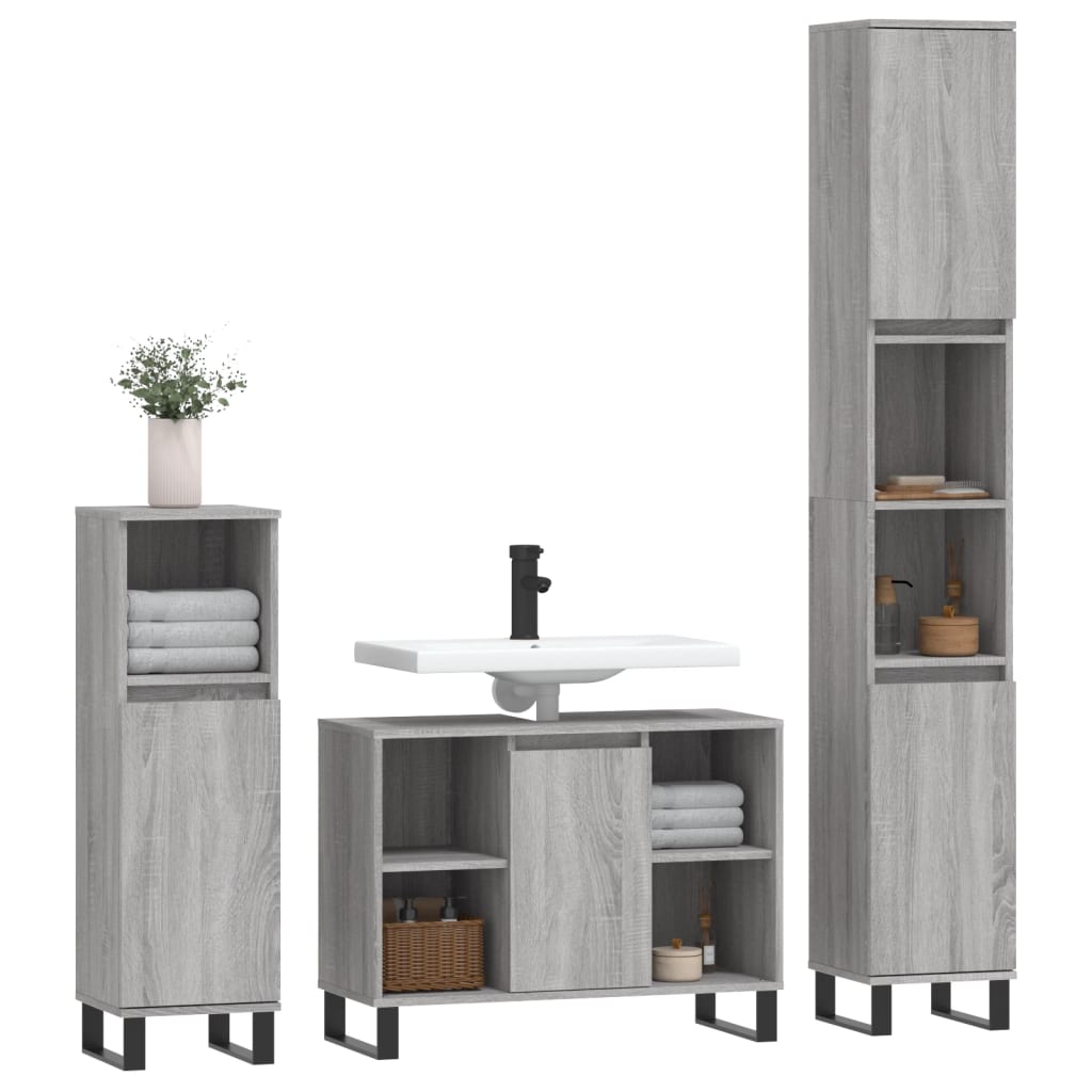 3-delige Badkamermeubelset bewerkt hout grijs sonoma eikenkleur is nu te koop bij PeponiXL, paradijselijk wonen!
