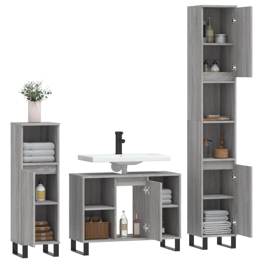 3-delige Badkamermeubelset bewerkt hout grijs sonoma eikenkleur is nu te koop bij PeponiXL, paradijselijk wonen!