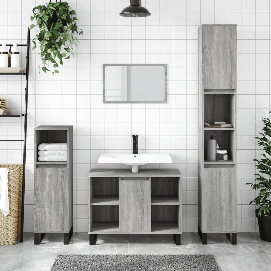 3-delige Badkamermeubelset bewerkt hout grijs sonoma eikenkleur is nu te koop bij PeponiXL, paradijselijk wonen!