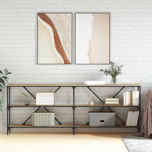 Wandtafel 200x30x75 cm bewerkt hout en ijzer sonoma eikenkleur is nu te koop bij PeponiXL, paradijselijk wonen!
