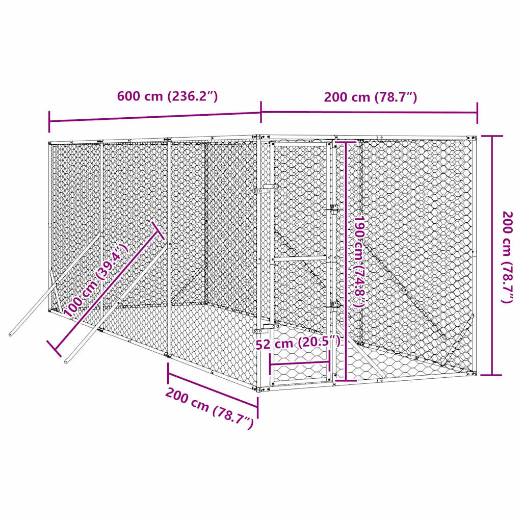 Hondenkennel voor buiten 2x6x2 m gegalvaniseerd staal zilver is nu te koop bij PeponiXL, paradijselijk wonen!