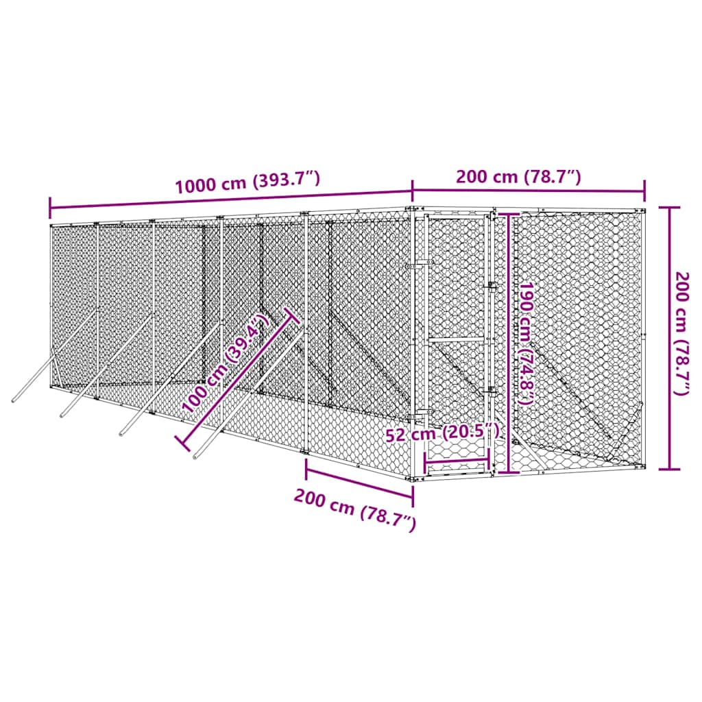 Hondenkennel voor buiten 2x10x2 m gegalvaniseerd staal zilver is nu te koop bij PeponiXL, paradijselijk wonen!