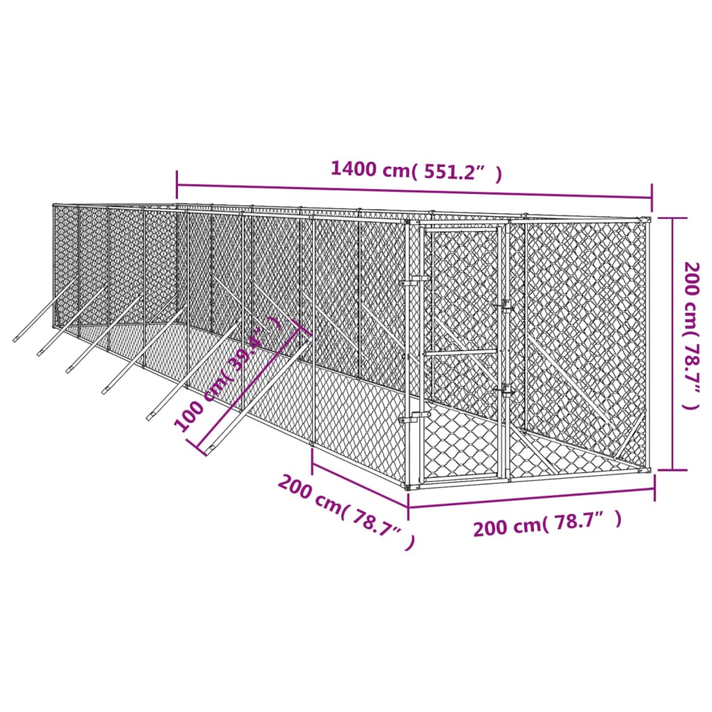 Hondenkennel voor buiten 2x14x2 m gegalvaniseerd staal zilver is nu te koop bij PeponiXL, paradijselijk wonen!