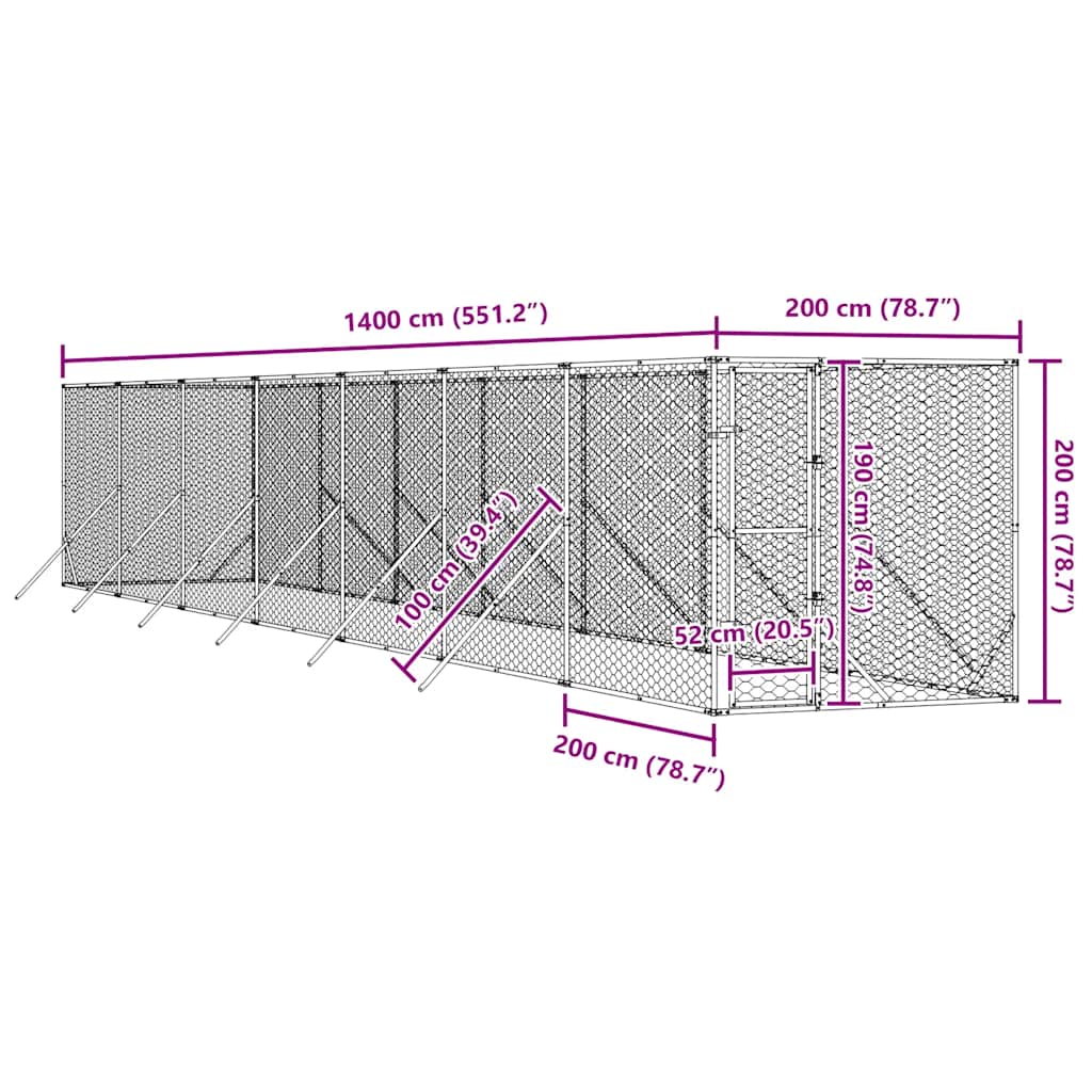 Hondenkennel voor buiten 2x14x2 m gegalvaniseerd staal zilver is nu te koop bij PeponiXL, paradijselijk wonen!