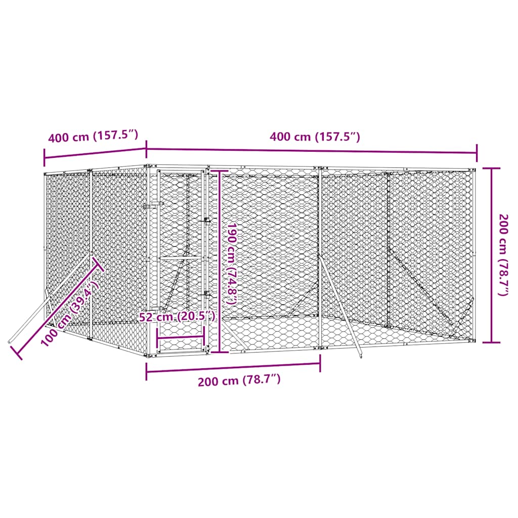 Hondenkennel voor buiten 4x4x2 m gegalvaniseerd staal zilver is nu te koop bij PeponiXL, paradijselijk wonen!