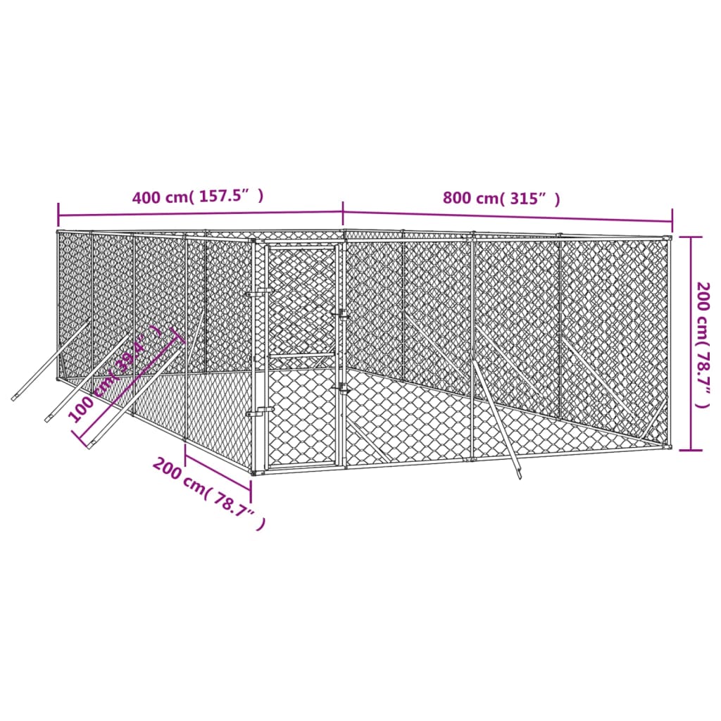 Hondenkennel voor buiten 4x8x2 m gegalvaniseerd staal zilver is nu te koop bij PeponiXL, paradijselijk wonen!