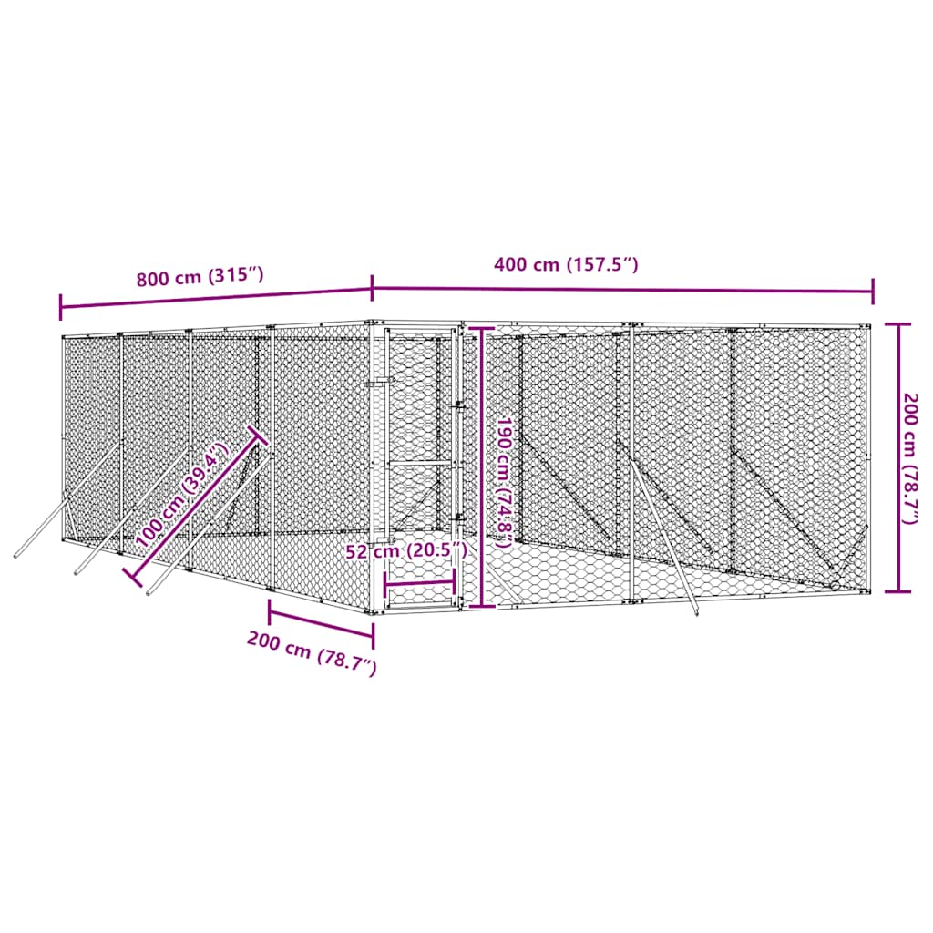 Hondenkennel voor buiten 4x8x2 m gegalvaniseerd staal zilver is nu te koop bij PeponiXL, paradijselijk wonen!