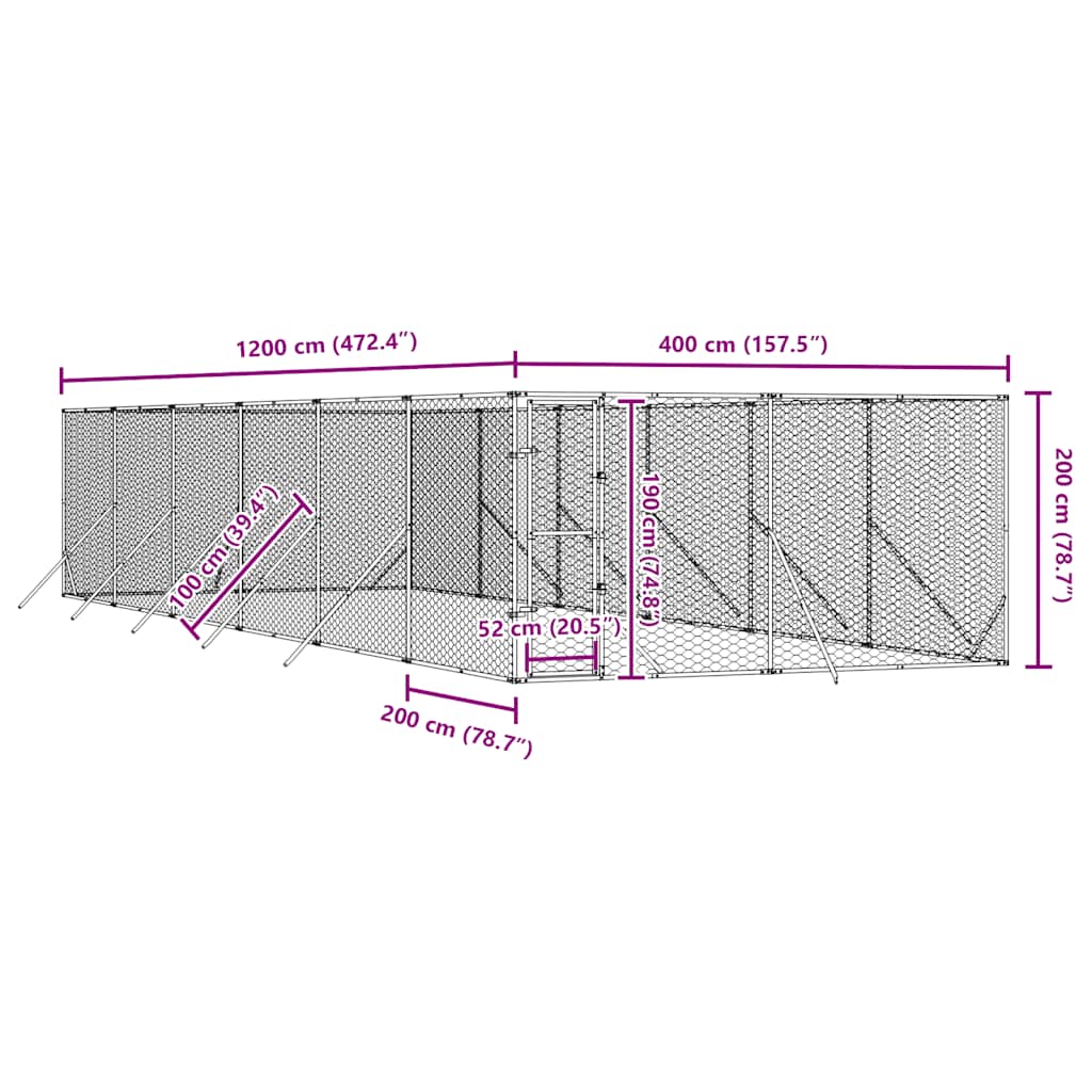 Hondenkennel voor buiten 4x12x2 m gegalvaniseerd staal zilver is nu te koop bij PeponiXL, paradijselijk wonen!