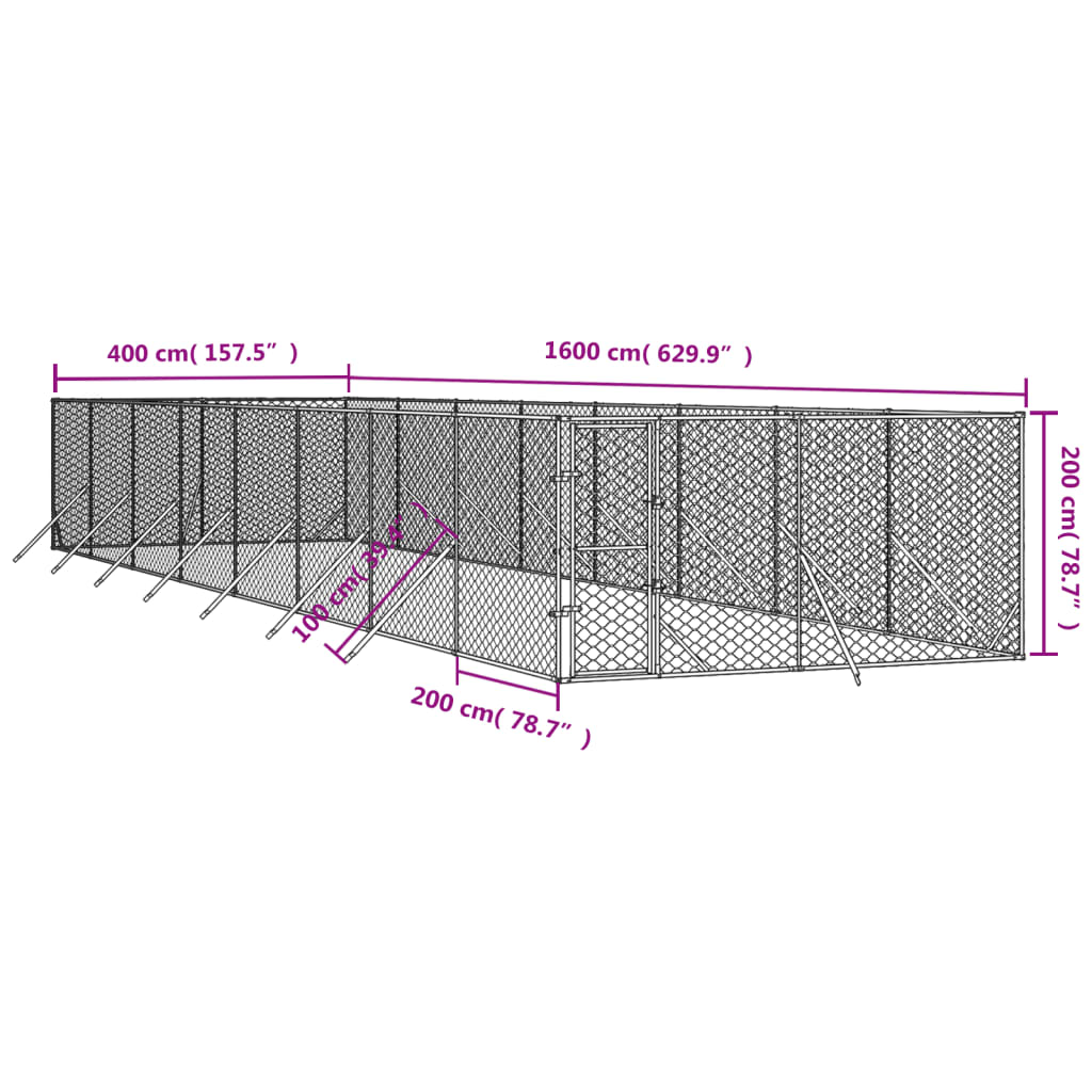 Hondenkennel voor buiten 4x16x2 m gegalvaniseerd staal zilver is nu te koop bij PeponiXL, paradijselijk wonen!