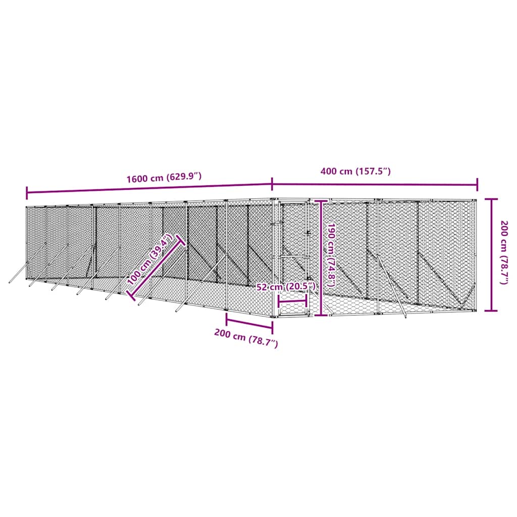 Hondenkennel voor buiten 4x16x2 m gegalvaniseerd staal zilver is nu te koop bij PeponiXL, paradijselijk wonen!