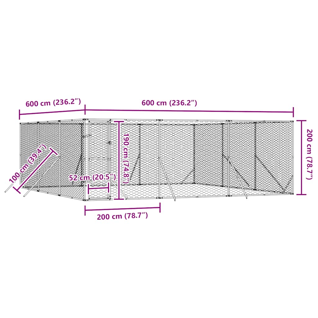Hondenkennel voor buiten 6x6x2 m gegalvaniseerd staal zilver is nu te koop bij PeponiXL, paradijselijk wonen!