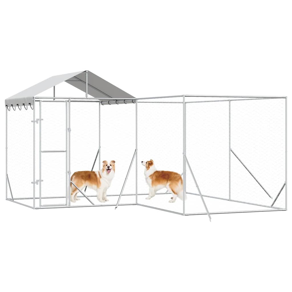 Hondenkennel met dak 4x4x2,5 m gegalvaniseerd staal zilver is nu te koop bij PeponiXL, paradijselijk wonen!