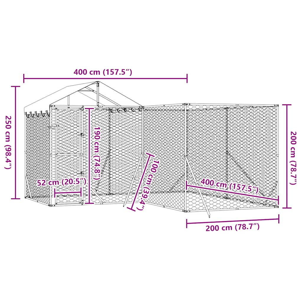 Hondenkennel met dak 4x4x2,5 m gegalvaniseerd staal zilver is nu te koop bij PeponiXL, paradijselijk wonen!
