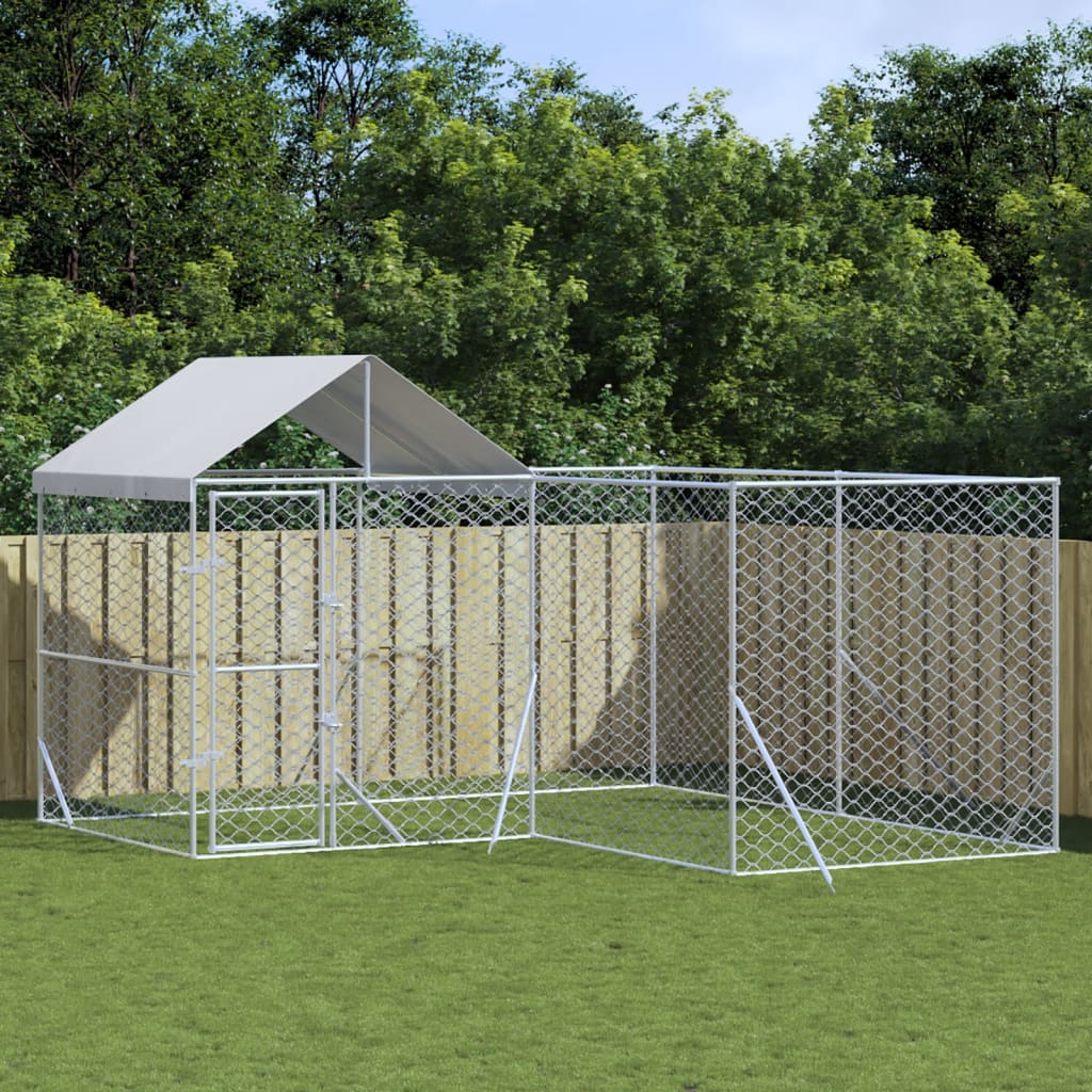 Hondenkennel met dak 4x4x2,5 m gegalvaniseerd staal zilver is nu te koop bij PeponiXL, paradijselijk wonen!