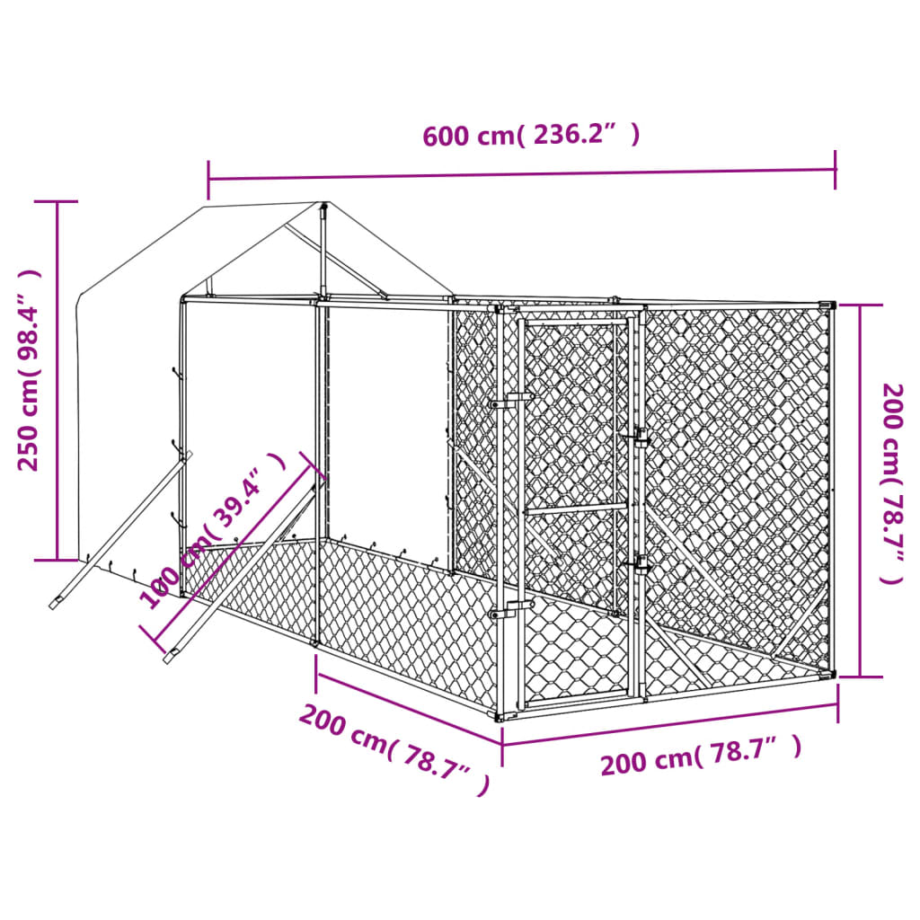Hondenkennel met dak 2x6x2,5 m gegalvaniseerd staal zilverkleur is nu te koop bij PeponiXL, paradijselijk wonen!