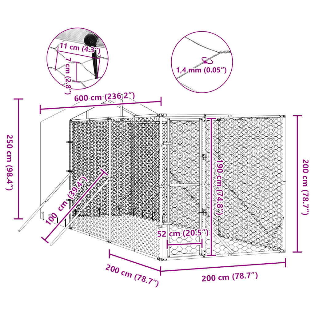 Hondenkennel met dak 2x6x2,5 m gegalvaniseerd staal zilverkleur is nu te koop bij PeponiXL, paradijselijk wonen!