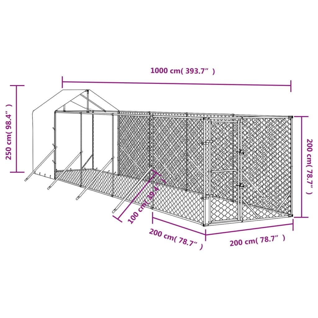 Hondenkennel met dak 2x10x2,5 m gegalvaniseerd staal zilver is nu te koop bij PeponiXL, paradijselijk wonen!