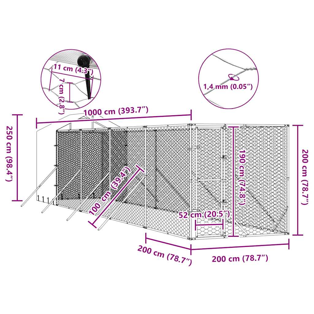 Hondenkennel met dak 2x10x2,5 m gegalvaniseerd staal zilver is nu te koop bij PeponiXL, paradijselijk wonen!