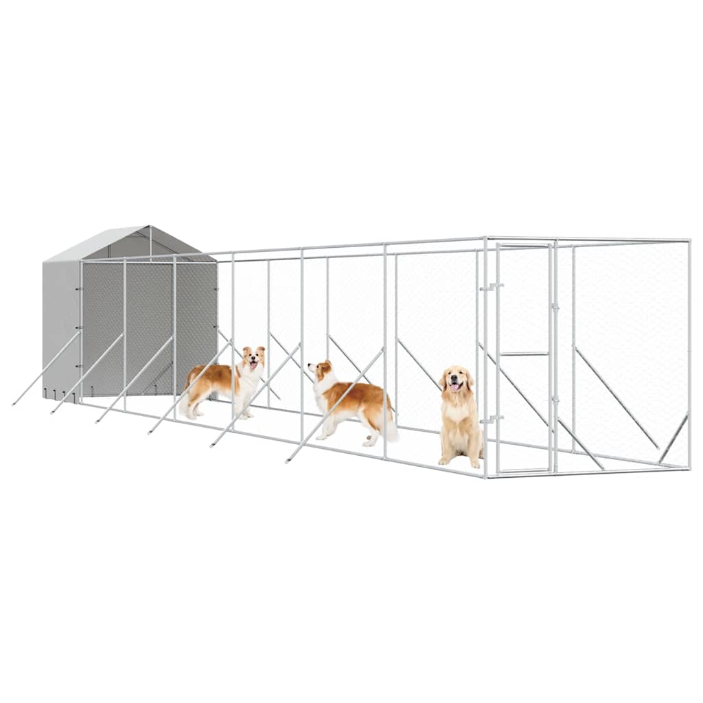 Hondenkennel met dak 2x14x2,5 m gegalvaniseerd staal zilver is nu te koop bij PeponiXL, paradijselijk wonen!