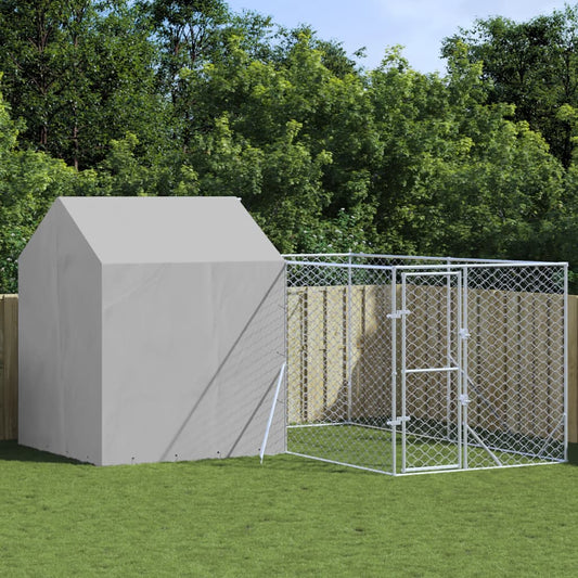 Hondenkennel met dak 4x4x2,5 m gegalvaniseerd staal zilver is nu te koop bij PeponiXL, paradijselijk wonen!