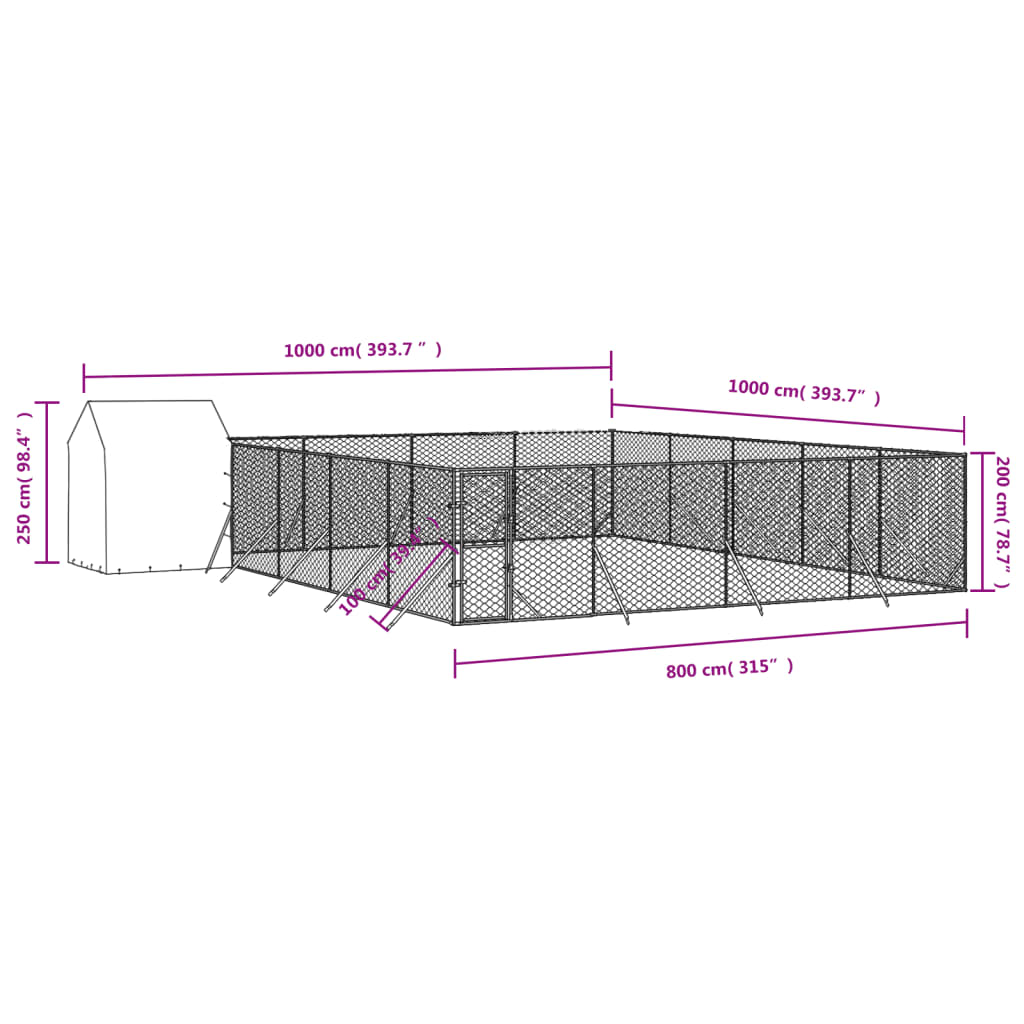 Hondenkennel met dak 10x10x2,5 m gegalvaniseerd staal zilver is nu te koop bij PeponiXL, paradijselijk wonen!