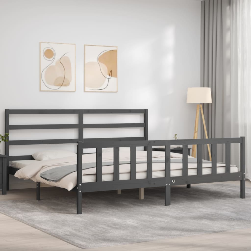 Bedframe met hoofdbord massief hout grijs 200x200 cm is nu te koop bij PeponiXL, paradijselijk wonen!