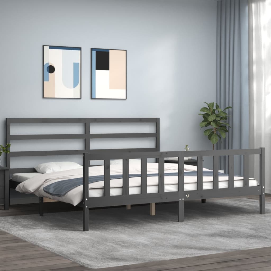 Bedframe met hoofdbord massief hout grijs 200x200 cm is nu te koop bij PeponiXL, paradijselijk wonen!