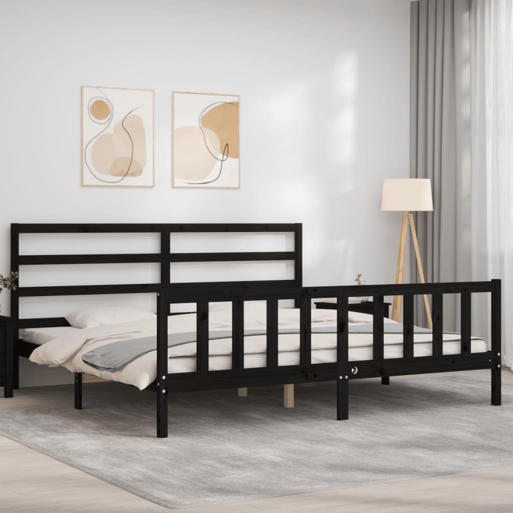 Bedframe met hoofdbord massief hout zwart 200x200 cm is nu te koop bij PeponiXL, paradijselijk wonen!