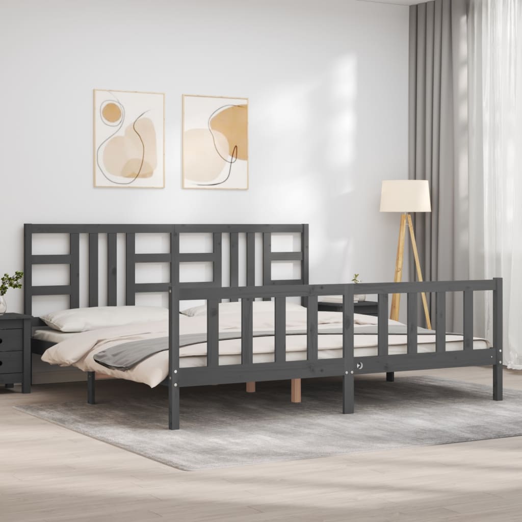 Bedframe met hoofdbord massief hout grijs 200x200 cm is nu te koop bij PeponiXL, paradijselijk wonen!