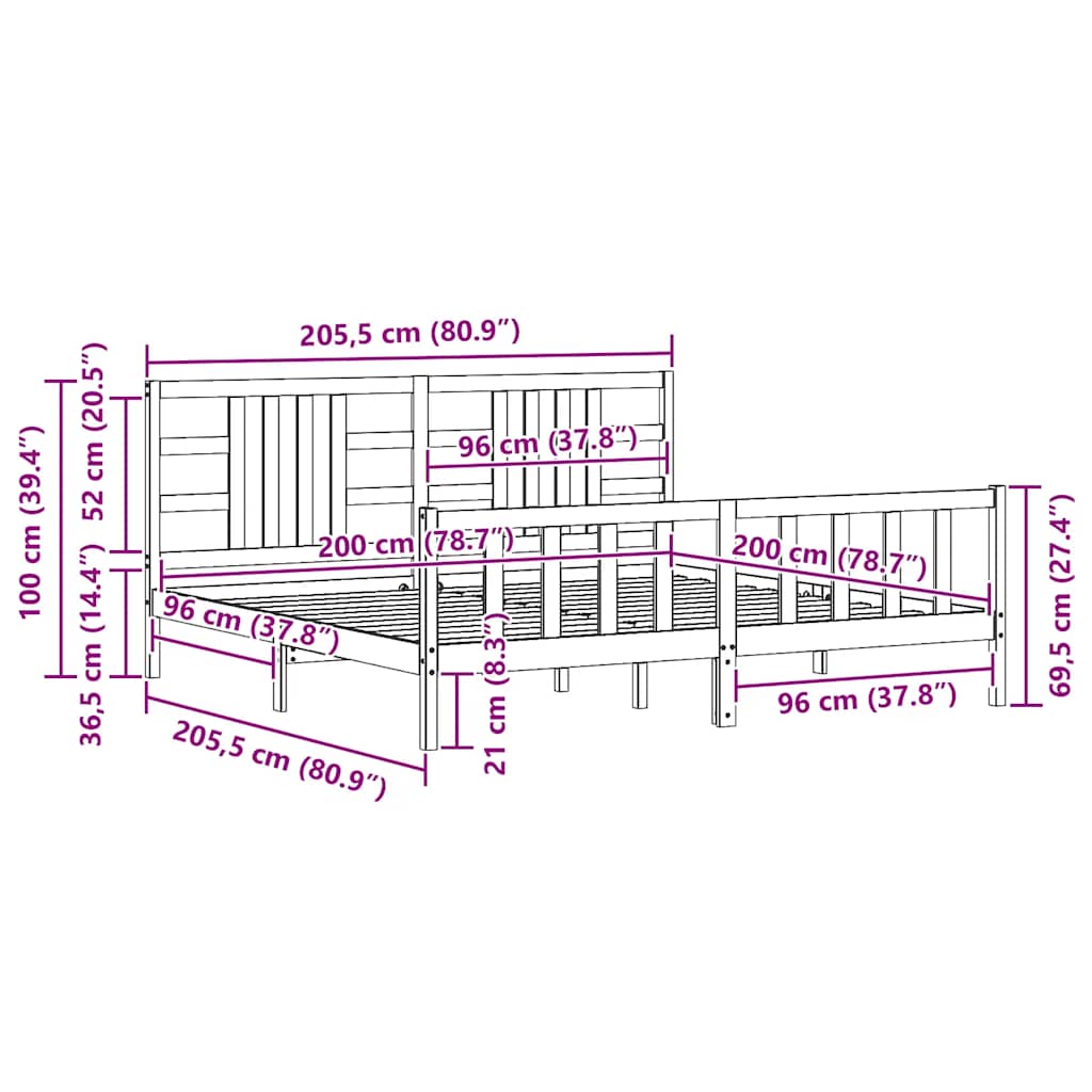Bedframe met hoofdbord massief hout grijs 200x200 cm is nu te koop bij PeponiXL, paradijselijk wonen!