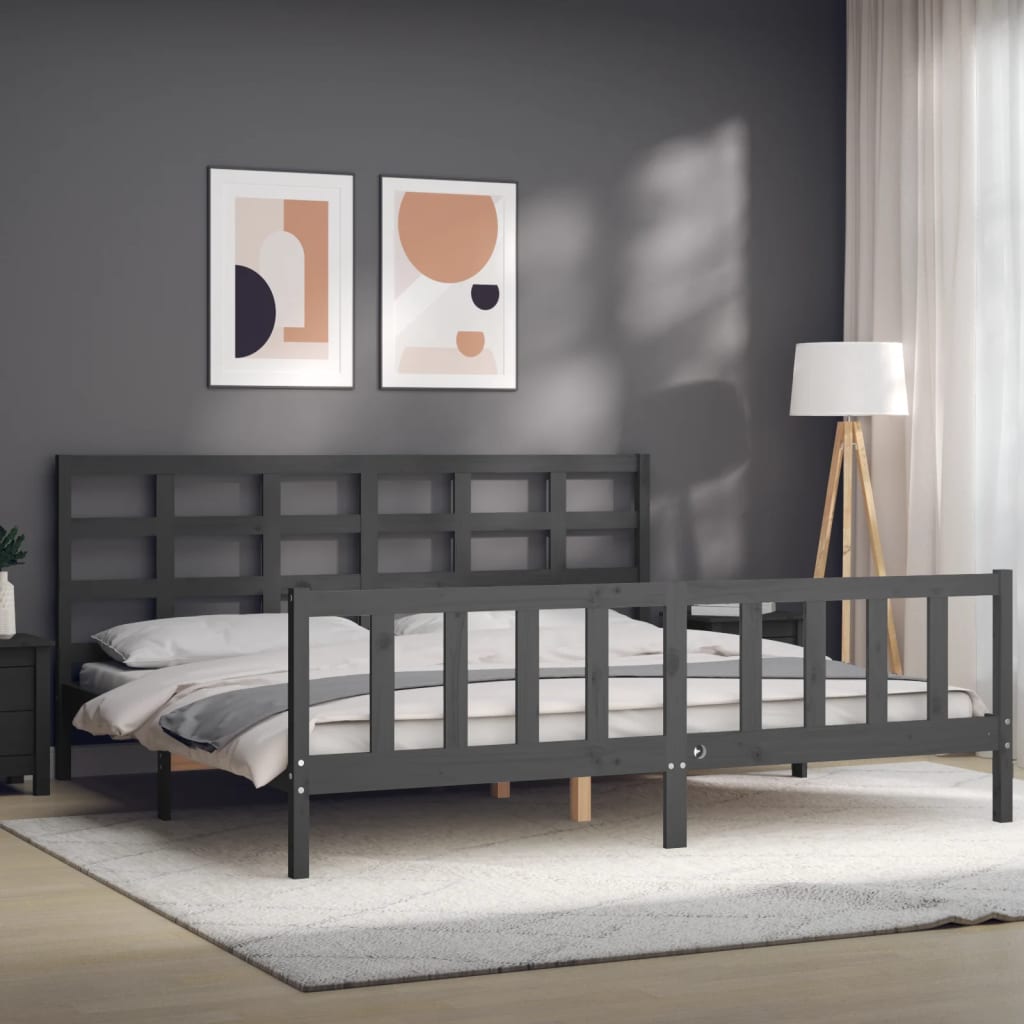 Bedframe met hoofdbord massief hout grijs 200x200 cm is nu te koop bij PeponiXL, paradijselijk wonen!