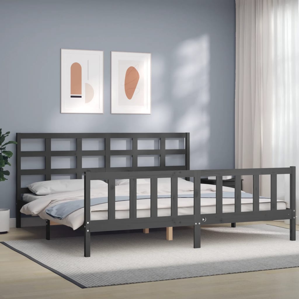 Bedframe met hoofdbord massief hout grijs 200x200 cm is nu te koop bij PeponiXL, paradijselijk wonen!