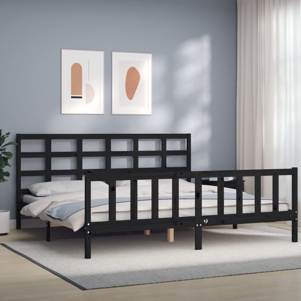 Bedframe met hoofdbord massief hout zwart 200x200 cm is nu te koop bij PeponiXL, paradijselijk wonen!