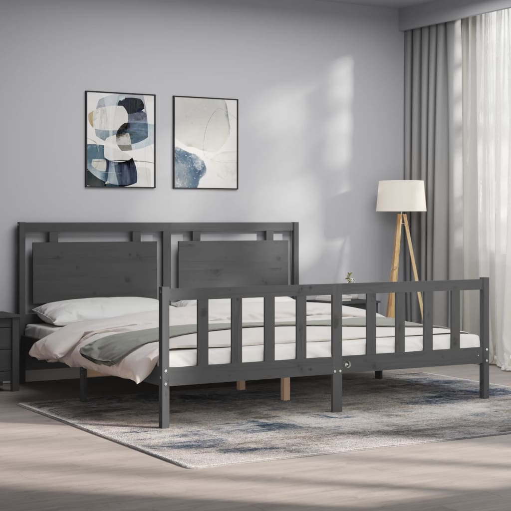 Bedframe met hoofdbord massief hout grijs 200x200 cm is nu te koop bij PeponiXL, paradijselijk wonen!