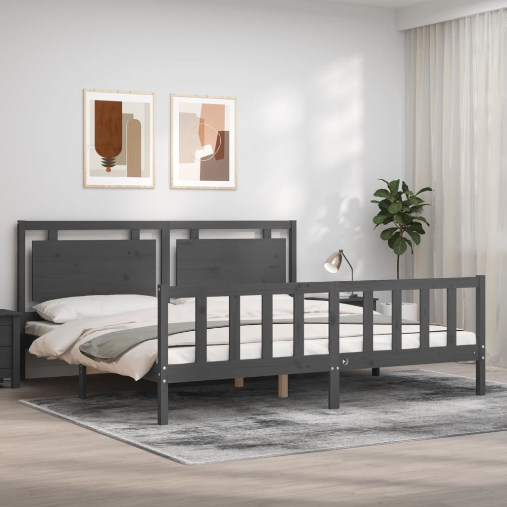 Bedframe met hoofdbord massief hout grijs 200x200 cm is nu te koop bij PeponiXL, paradijselijk wonen!