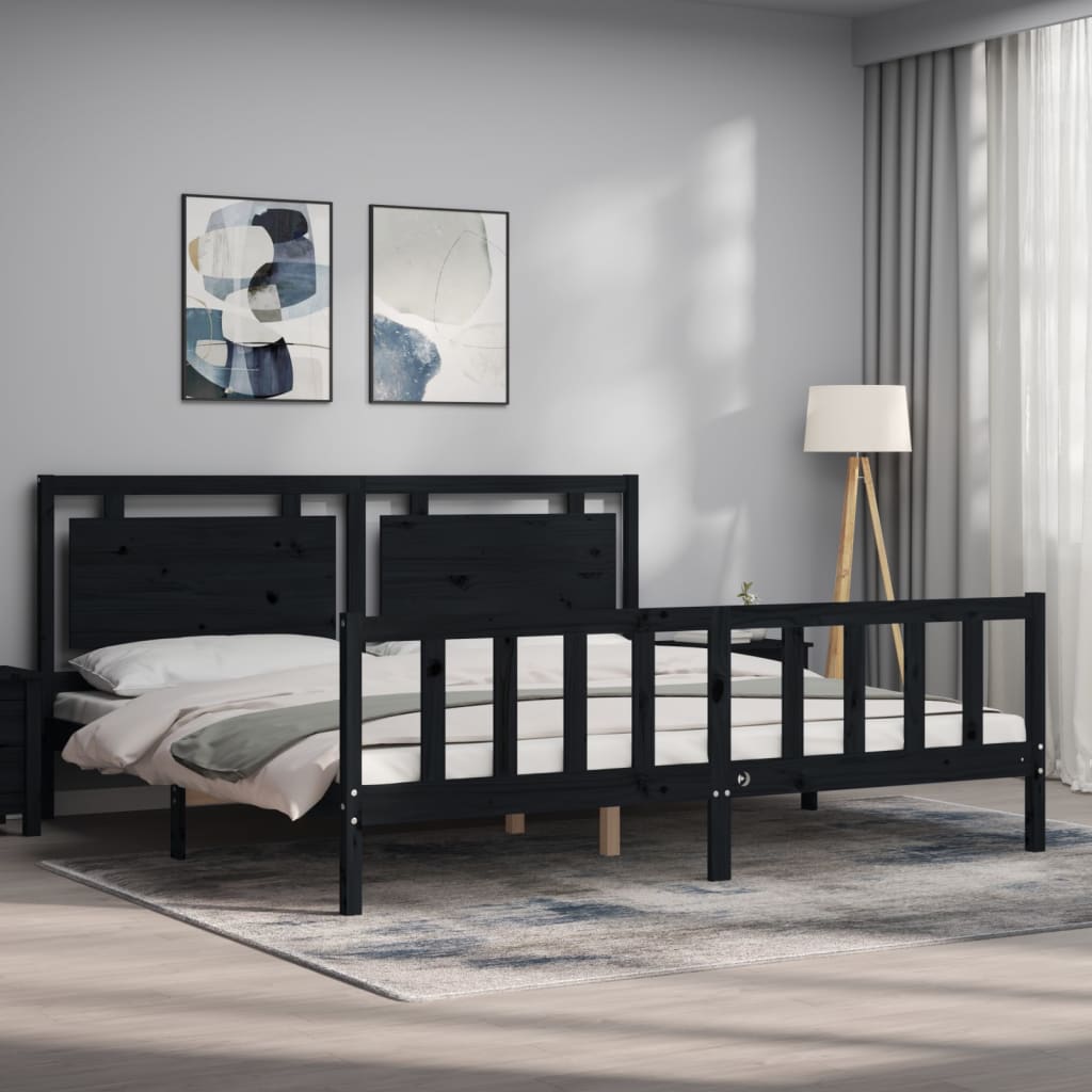 Bedframe met hoofdbord massief hout zwart 200x200 cm is nu te koop bij PeponiXL, paradijselijk wonen!