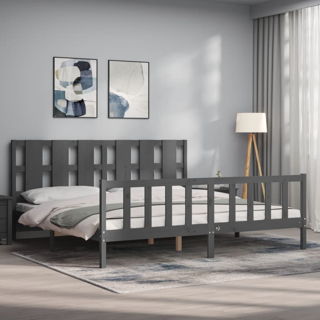 Bedframe met hoofdbord massief hout grijs 200x200 cm is nu te koop bij PeponiXL, paradijselijk wonen!