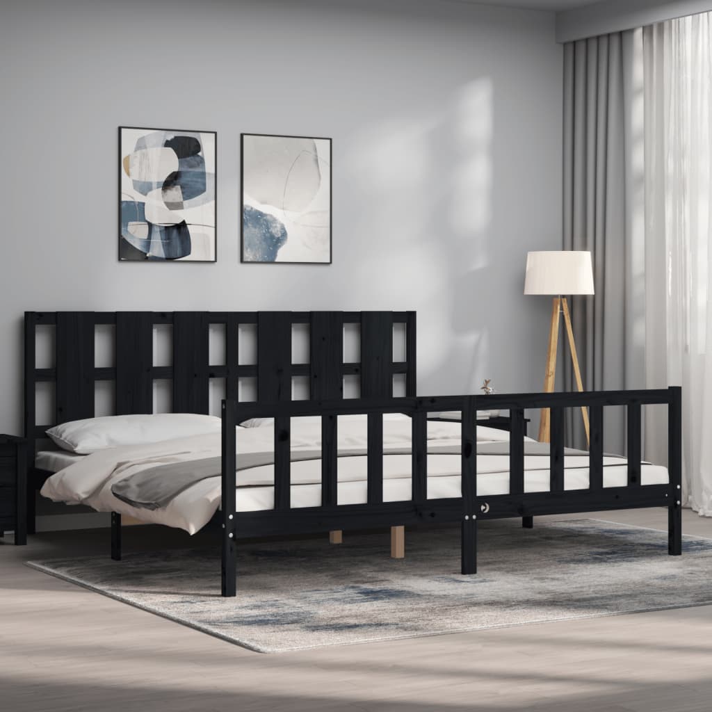 Bedframe met hoofdbord massief hout zwart 200x200 cm is nu te koop bij PeponiXL, paradijselijk wonen!