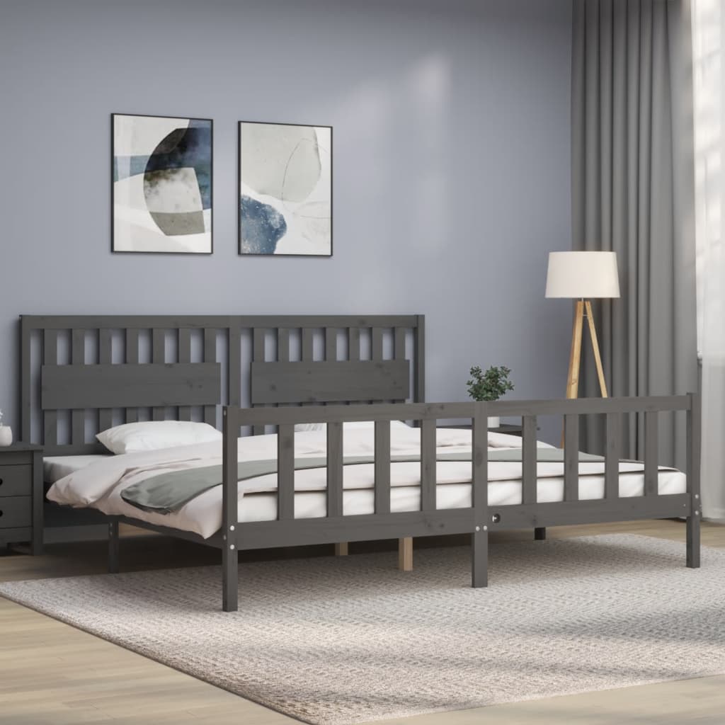 Bedframe met hoofdbord massief hout grijs 200x200 cm is nu te koop bij PeponiXL, paradijselijk wonen!