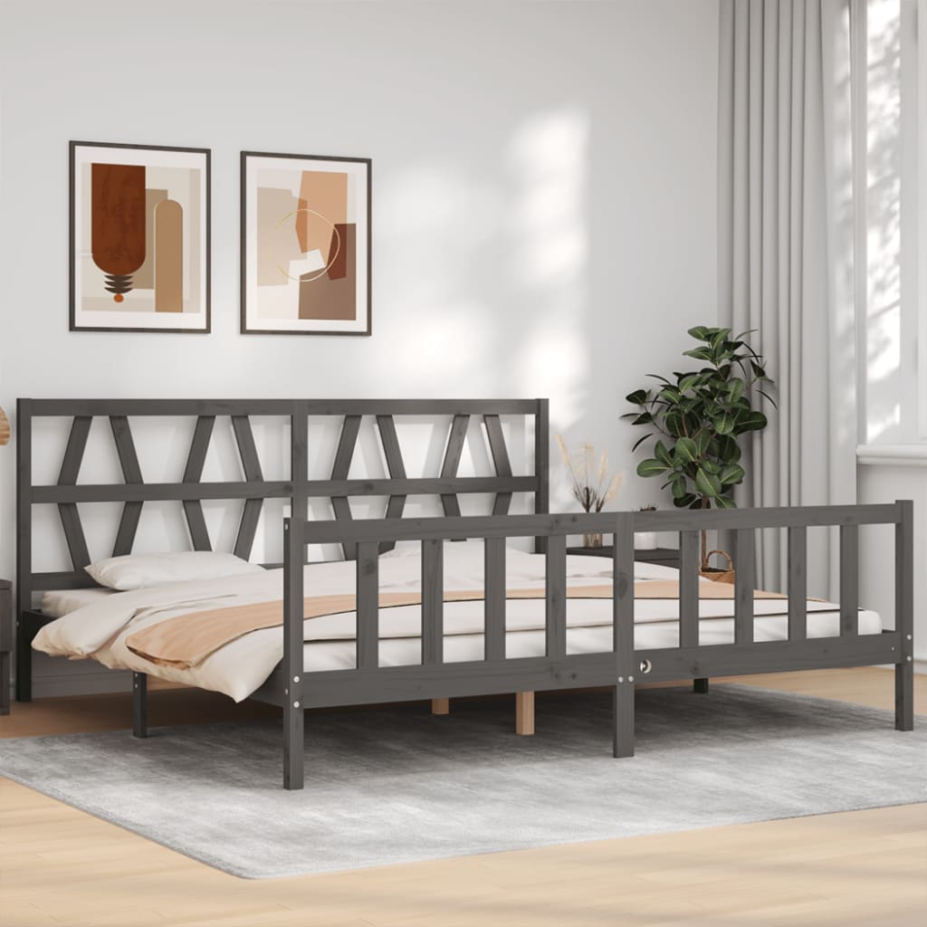 Bedframe met hoofdbord massief hout grijs 200x200 cm is nu te koop bij PeponiXL, paradijselijk wonen!