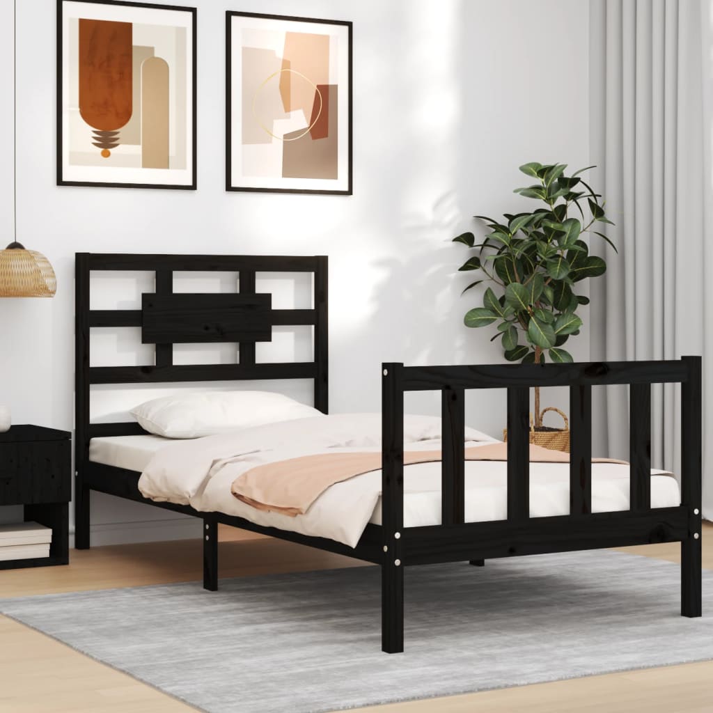 Bedframe met hoofdbord massief hout zwart is nu te koop bij PeponiXL, paradijselijk wonen!