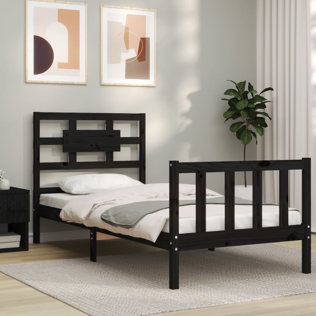 Bedframe met hoofdbord massief hout zwart is nu te koop bij PeponiXL, paradijselijk wonen!