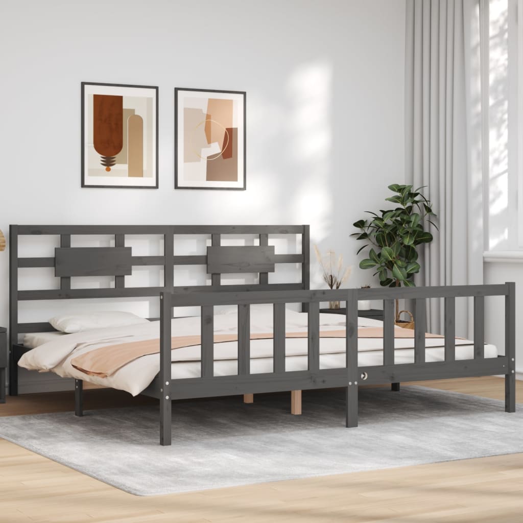 Bedframe met hoofdbord massief hout grijs 200x200 cm is nu te koop bij PeponiXL, paradijselijk wonen!