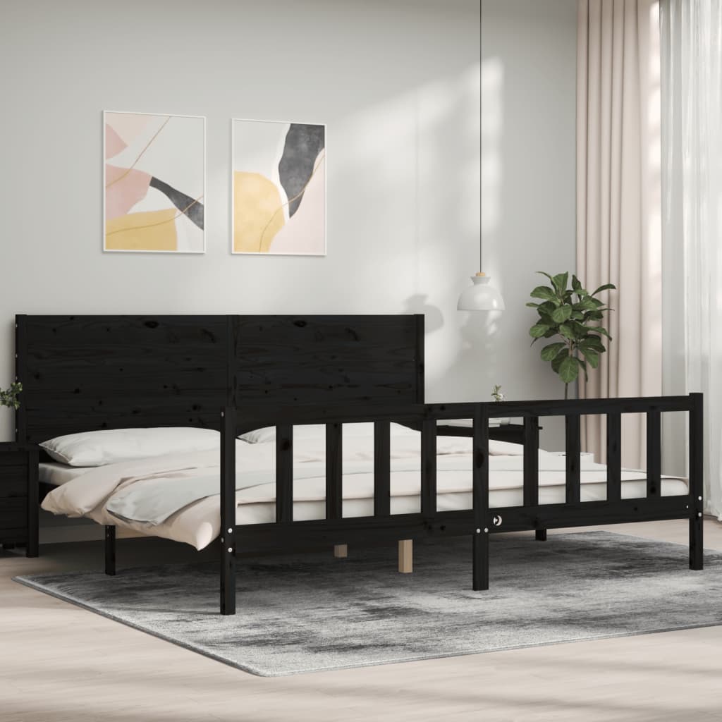Bedframe met hoofdbord massief hout zwart 200x200 cm is nu te koop bij PeponiXL, paradijselijk wonen!