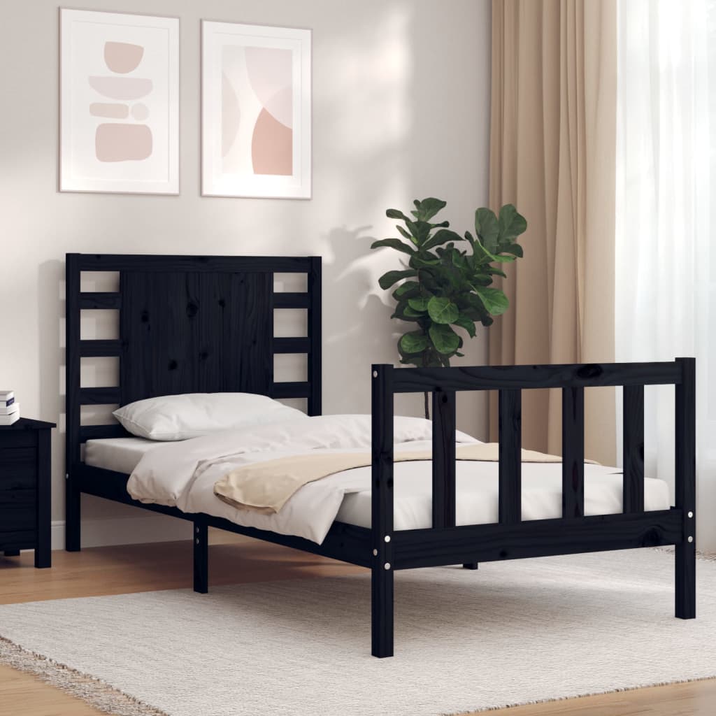 Bedframe met hoofdbord massief hout zwart is nu te koop bij PeponiXL, paradijselijk wonen!
