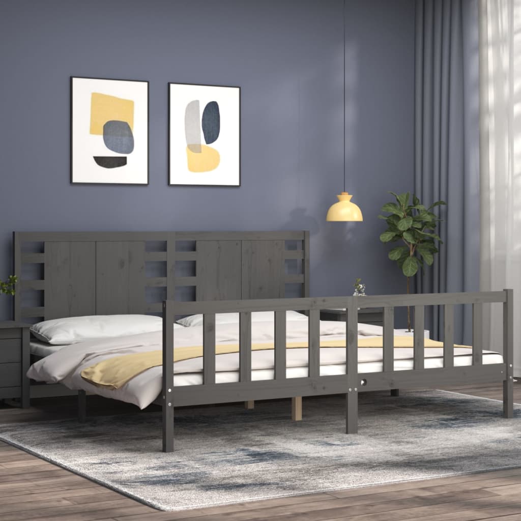 Bedframe met hoofdbord massief hout grijs 200x200 cm is nu te koop bij PeponiXL, paradijselijk wonen!