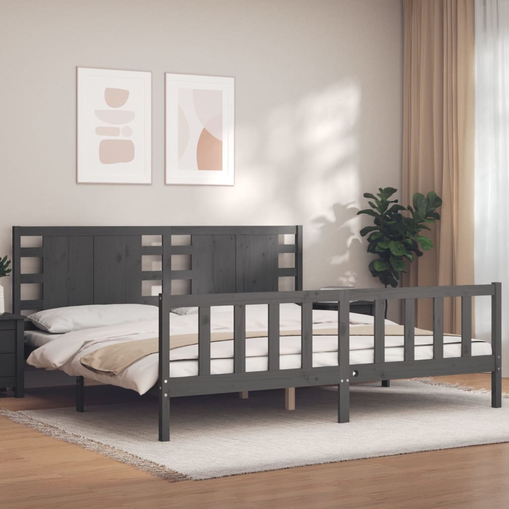 Bedframe met hoofdbord massief hout grijs 200x200 cm is nu te koop bij PeponiXL, paradijselijk wonen!
